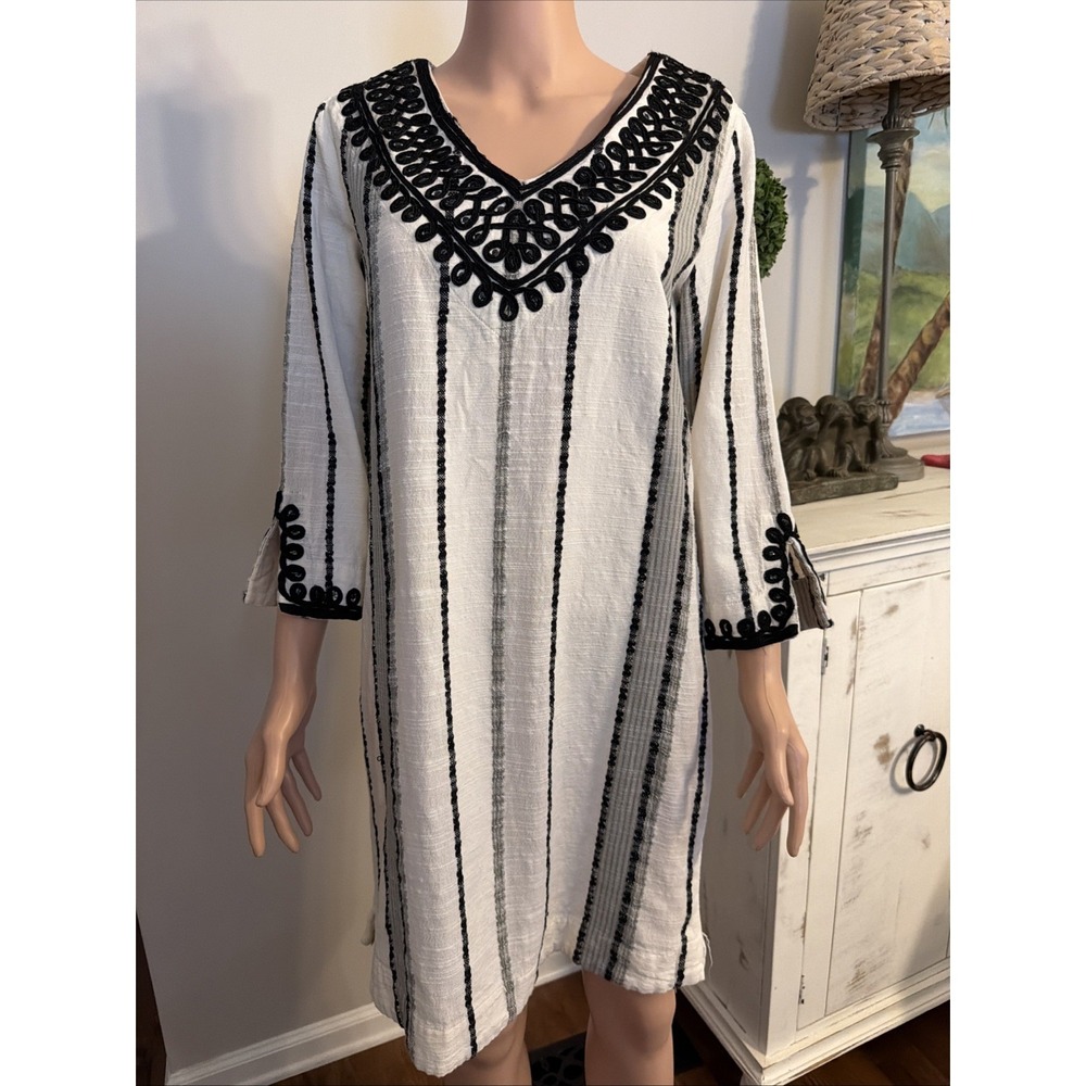 Soft Surroundings Womens M Dress Boho Embroidered Neckline Black White